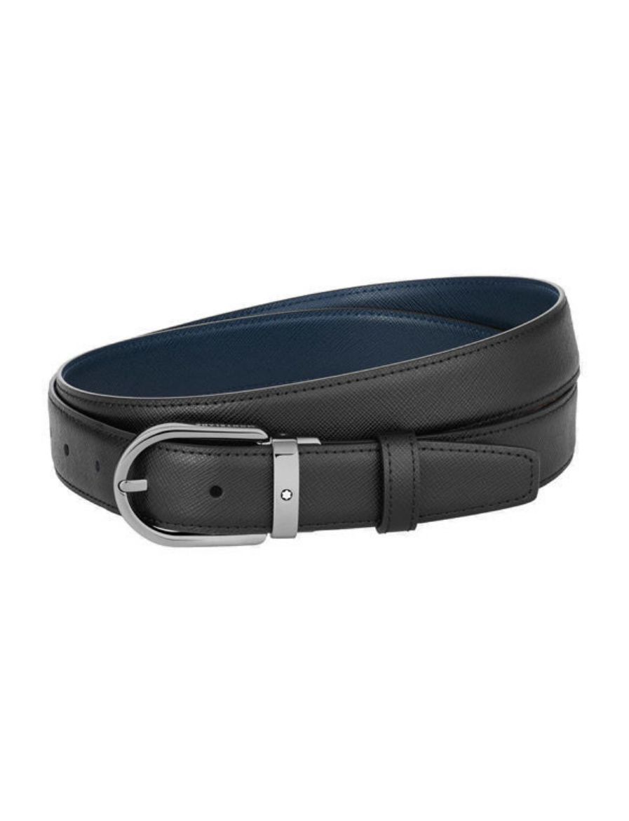 Montblanc Horseshoe Buckle Siyah\Mavi 30 mm Çift Taraflı Deri Kemer 128763