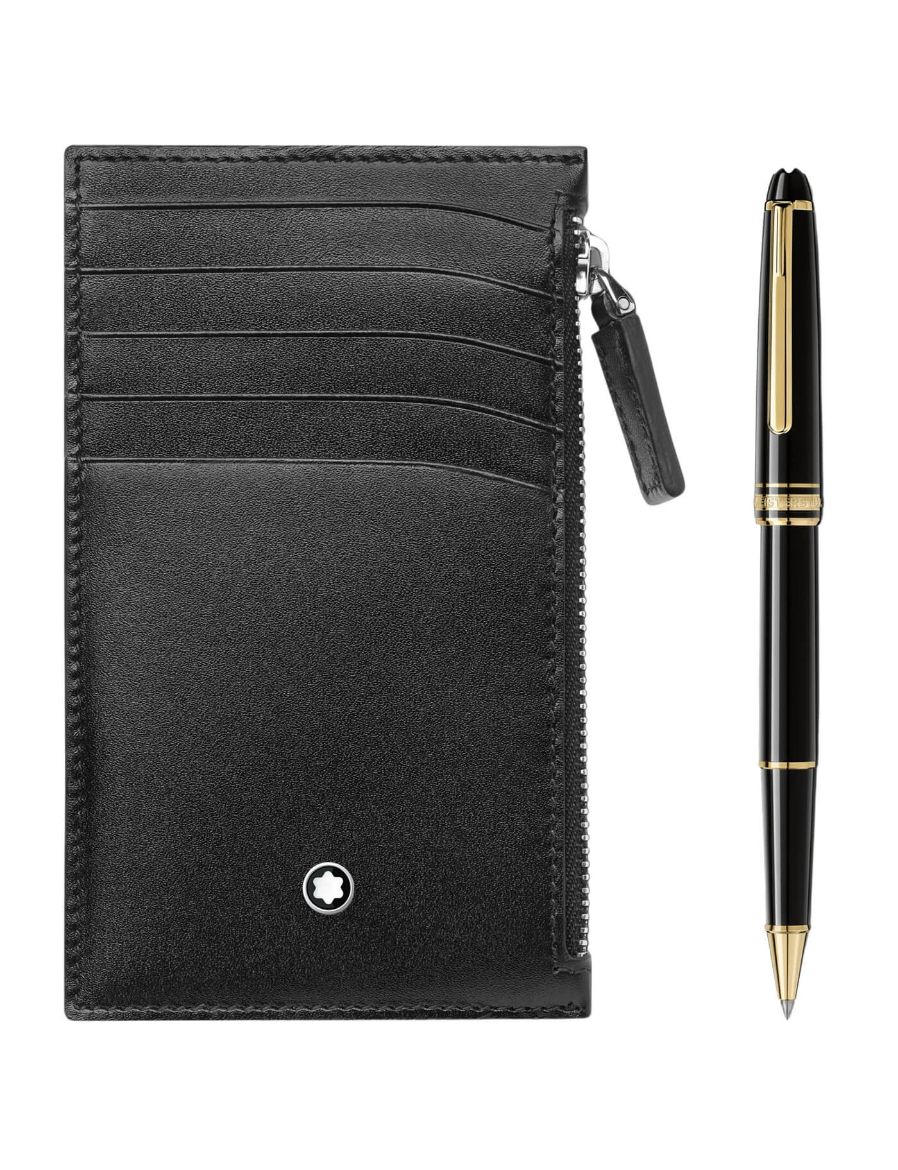Montblanc Meisterstück Platin Kaplı Klasik Rollerball ve Fermuarlı Meisterstück Cüzdan 5 cc Set 130449	
