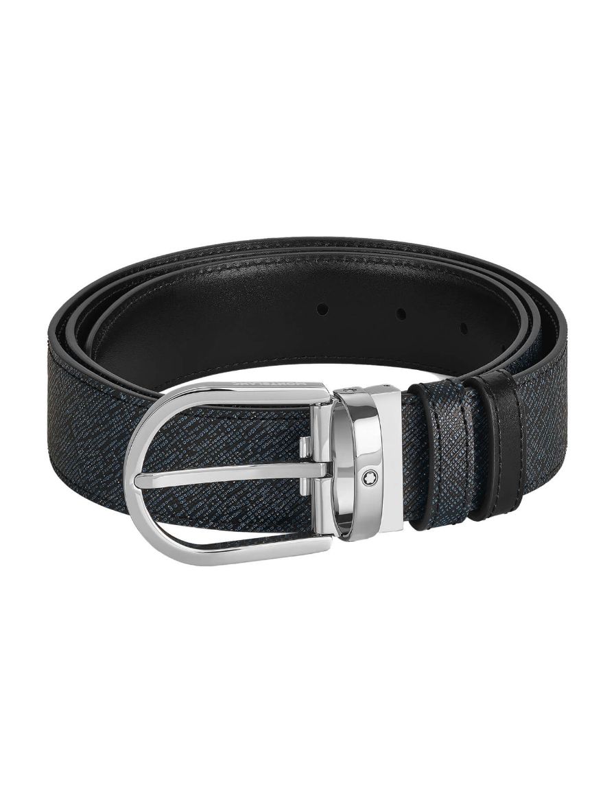 Montblanc At Nalı Tokalı Mavi - Siyah 35 mm Çift Taraflı Deri Kemer 198572