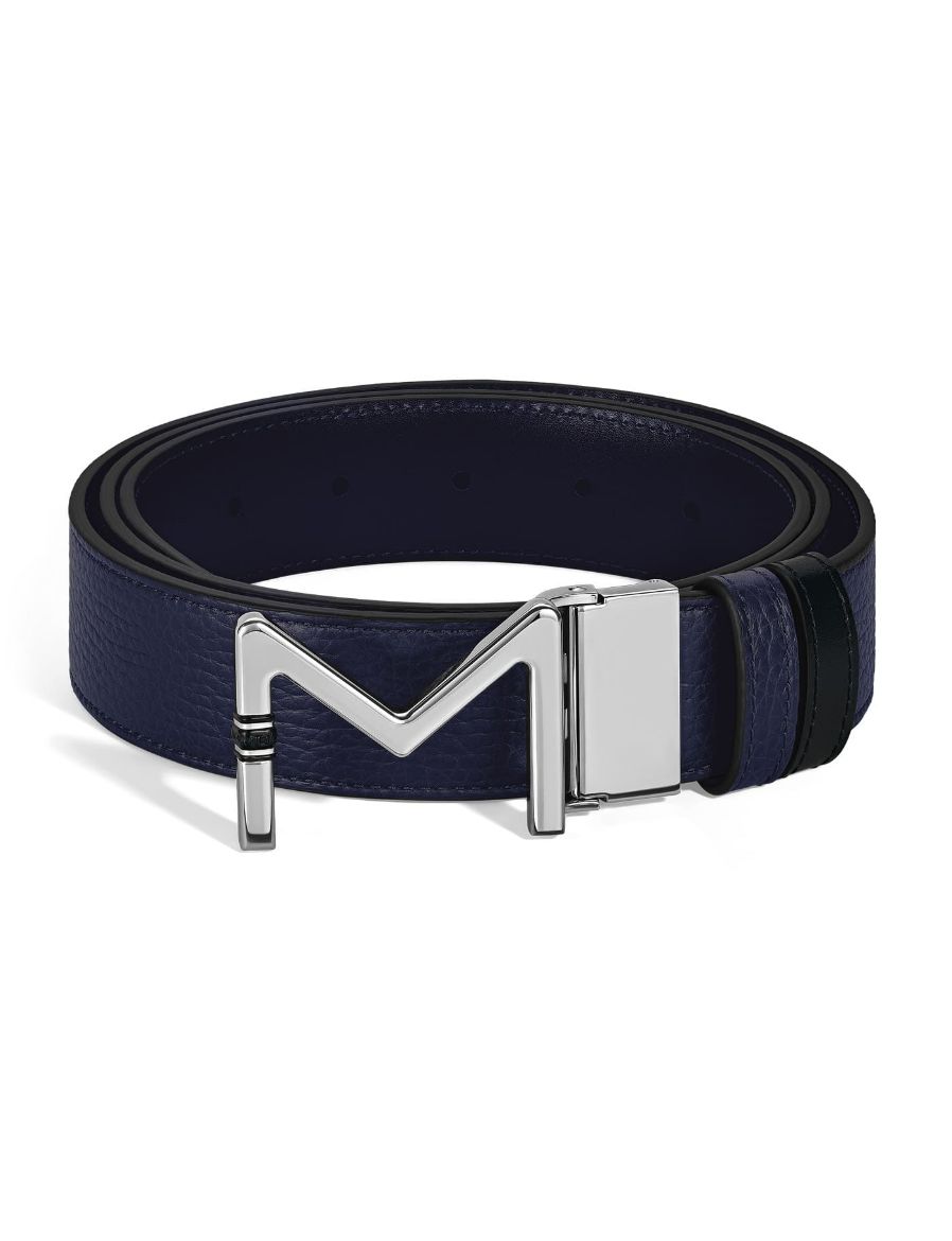 Montblanc Meisterstück Tokalı Mavi - Siyah 35 mm Çift Taraflı Deri Kemer 221094